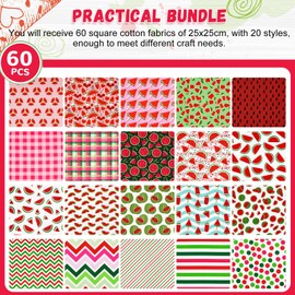 Wadukud 60PCS 25x25cm Polyester Fabric Bundles, Watermelon Pre-Cut Quilting Cotton Fabrics Squares Sheets for DIY Patchwork Sewing Quilting Crafting