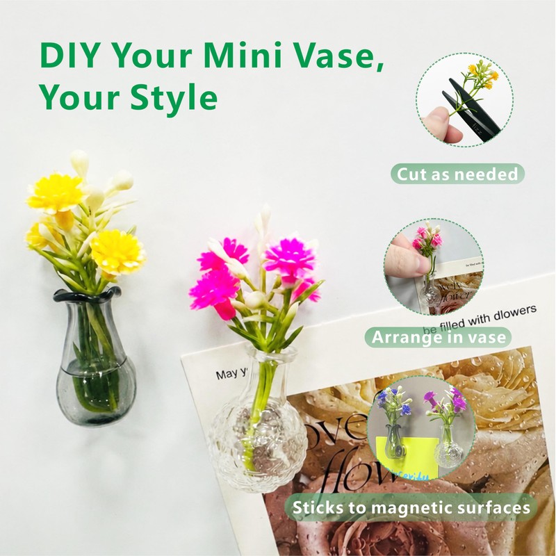 Magclingzy Mini Vase Magnets for Fridge,6 Pcs Cute Glass Magnetic
