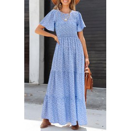 PRETTYGARDEN Women's Summer Casual Round Neck Short Flutter Sleeve Smocked Ruffle Floral Maxi Dress Wedding Guest Dress (Sky Blue White Flower,Small)