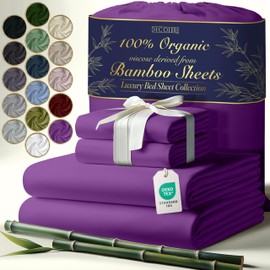 DECOLURE 100% Organic Viscose Derived from Bamboo Sheets Twin Size 4pcs - Ultra Soft & Luxuriously Cooling, 17" Deep Pocket, Double Stitching, Perfect for Hot Sleepers - Twin Bed Sheets (Purple)