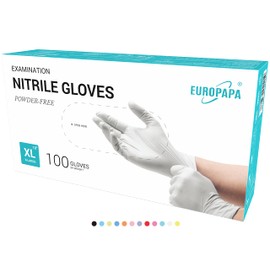 EUROPAPA® Disposable Nitrile Examination Gloves, Powder–Free, Latex–Free, Non–Sterile, Box of 100, XL, White