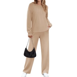 ZESICA Womens 2024 Fall Pajama sets Long Sleeve Tops Wide Leg Long Pants 2 Piece Outfits Lounge Sets with Pockets,Khaki,X-Large