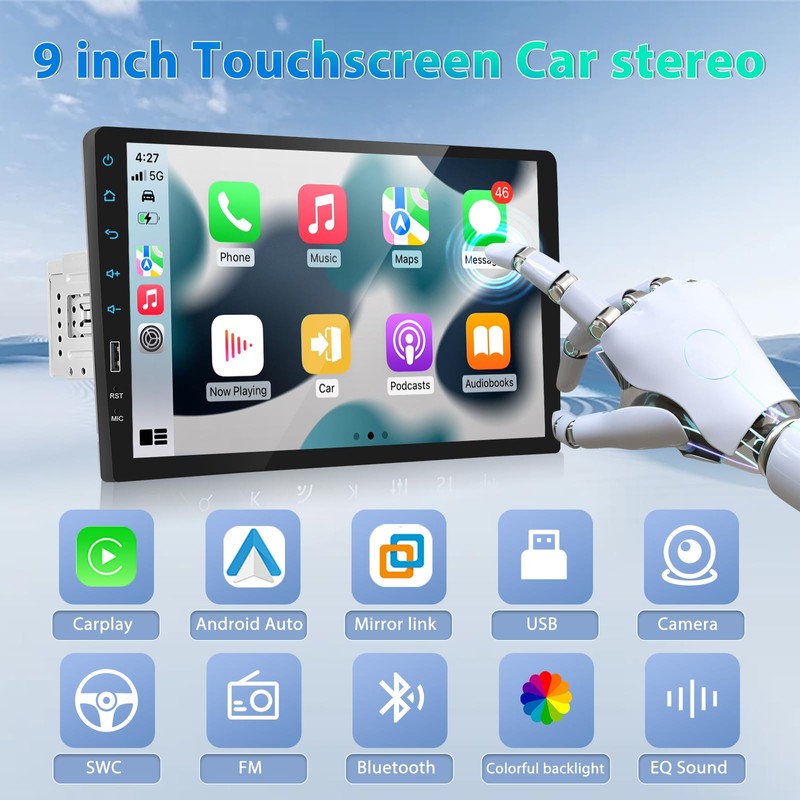 9 Inch Car Stereo Single Din Radio with Wireless Apple