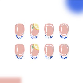 Cute French Tip Press on Nails Medium Almond Fake Nails with Designs Lemon Gel Glue on Fingernails Lines False Nails Summer Acrylic Nails Glossy Artificial Nails Stick on Nails for Women