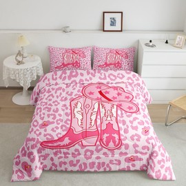 Manfei Western Cowgirl Comforter Set Full Size, Pink Cowboy Hat Boots Bedding Set 3pcs for Kids Girl Bedroom Decor, Pink Leopard Print Down Comforter Soft Polyester Quilt Set with 2 Pillowcases