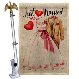 Breeze Decor Just Married Burlap House Flag Eagle Set Celebration Wedding Marriage Bride Groom Mrs Occasion Anniversary Party Decoration Banner Small Garden Yard Gift Double-Sided, Made in USA