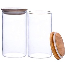 2 Pcs (350ml/11.8oz) Clear Cylindrical Empty High Borosilicate Glass Bottle with Bamboo Cap Refillable Large Capacity Sealed Bottles Vial Jars Food Storage Dispenser Container Pot for Home Kitchen
