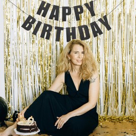 Eoopoon Happy Birthday Banner in Black Glitter for Birthday Party Decorations- Pre-Strung, Birthday Decor Backdrop, Happy Birthday Sign for Women, Men and Kids Birthday Celebrations(Black)