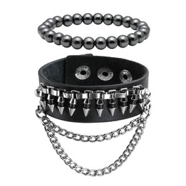 Eigso 2 Pcs Punk Leather Bracelet Set for Men Women Retro Vintage Hematite Metal Cuff Wristbands for Man Woman