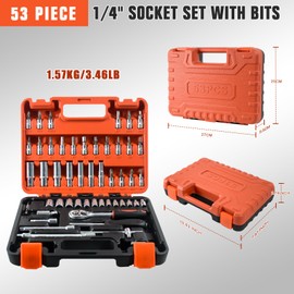 YesRight 53 Pieces Socket Wrench Set Drive Socket Set with 1/4 Inch Ratcheting Wrench Plastic Toolbox Storage Case for Automotive Repair And Home Use