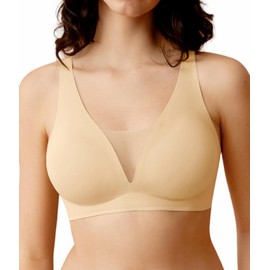 SHARICCA Bras for Women No Underwire Seamless Deep V Full Coverage Wireless Bra Soft Comfort Padded Everyday Bralettes,Nude,2XL