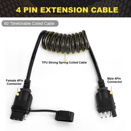 WALSIO 4 Way Flat Trailer Extension Coiled Cable, 4 Pin Trailer Connector with 5 Ft Male and Female Stretchable 18AWG PU Sheath Protected Wire Harness