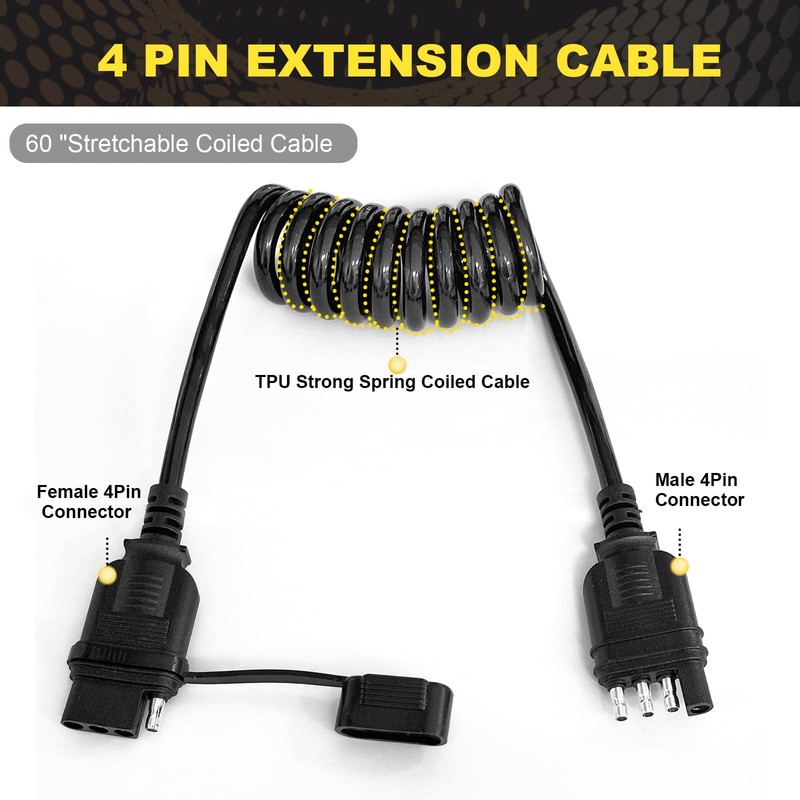 WALSIO 4 Way Flat Trailer Extension Coiled Cable, 4 Pin