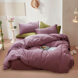 Comfortable & Soft 3 Piece Gentle Breathable Texture Cotton Duvet Cover King Size Solid Hued Tidy Design | All Seasons Fall Bedding Mauve Pink Color Zipper Closure Warm Plush Cozy Luxury