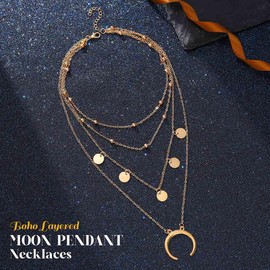 Vakkery Boho Layered Moon Pendant Necklaces Gold Sequins Tassel Necklace Beaded Choker Necklace Chains for Women and Girls