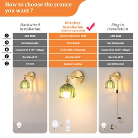 Shenmoyl Vintage Battery Operated Wall Sconce with Green Tulip Glass Lampshade Wireless Rechargeable Battery Powered Wall Light with Remote Control for Bedside Bedroom Doorway