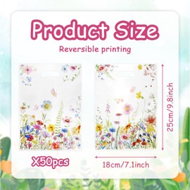 Wildflower Gift Bags with Handles 50pcs, Butterfly Flower Party Favor Bag Plastic Candy Snack Treat Cookie Spring Goodie Bags Pouch for Floral Theme Birthday Present Wedding Bridal Party Supplies