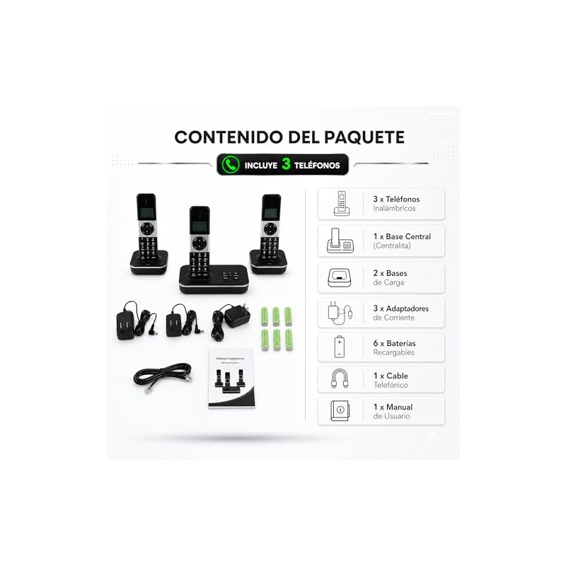 D1002 TAM-T Teléfono Inalámbrico de 3 Auriculares, con Contestador Automático