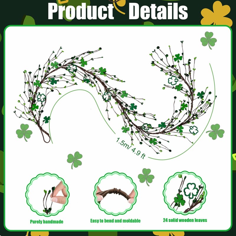 1 Pcs St Patricks Day Garland 5ft, Shamrock Garland, St