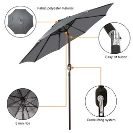 Blissun 9' Outdoor Patio Umbrella, Outdoor Table Umbrella, Yard Umbrella, Market Umbrella with 8 Sturdy Ribs, Push Button Tilt and Crank, Dark Grey