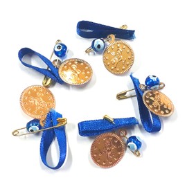 Pack of 100, Nazar Boncuk, Blue Eye, Evil Eye with Enamelled Metal Coin Beads, Tugra, Safety Pin and Cord, Evil Eye Lucky Charm for Gift Wedding (Blue)