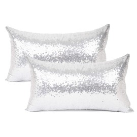 YOUR SMILE Pack of 2, New Luxury Series Silver Decorative Glitzy Sequin & Comfy Satin Solid Throw Pillow Cover Cushion Case for Wedding/Christmas,12" x 20"