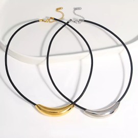 ZARD Curved Tube Pendant on Black Cord Necklace in Gold