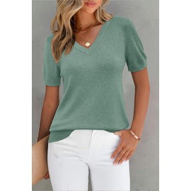 Arach&Cloz Sweater for Women 2025 Spring Fashion Clothes V Neck Short Sleeve Summer Cute Tops Dressy Business Casual Trendy Teacher Outfits Cashmere Shirts Grey Green