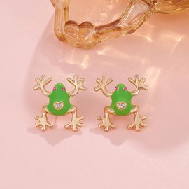 Frog Gold Earrings For Women Green Hypoallergenic Flat Back Stud Cute Fun Earrings Statement Charms Funky Rhinestone Cool Crawler Earring (Frog)