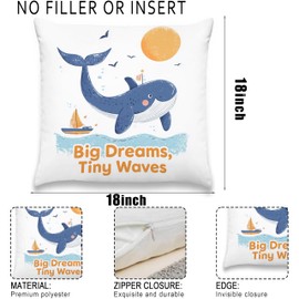 Xolytar Whimsical Whale “Big Dreams Tiny Waves” Throw Pillow Cover Gifts for Kids, Nautical Motivational Decorative Pillow for Couch Sofa Nursery Bedroom, Cartoon Ocean 18x18