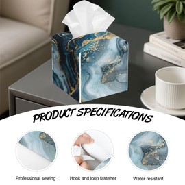 Funda cuadrada para caja de pañuelos de mármol azul océano, soporte para caja de pañuelos con parte inferior de cinturón, elegante servilleta de piel para encimera de cambiador, mesitas de noche