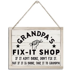 Grandpa Gifts, Grandpa Wooden Sign for Father's Day, Rustic Hanging Wood Plaque Sign, Tool Room Decor, Funny Decor for Grandpa Workshop, Home Garage Decor, Grandpa's Fix-It Shop Hanging Sign