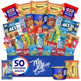 My ​College​ Crate​ ​Microwave​ Snack Care Package - ​50 Piece​ Bulk Variety Pack Box for Adults ​and ​Kids ​with Ramen ​Mix​, ​Popcorn, Mac n Cheese, Assorted Chips, Granola Bars and Candy