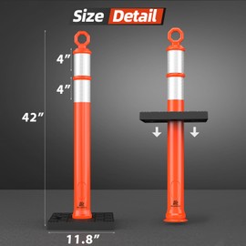 RoadHero 42 Inch Delineator Post with Base, Portable Orange Traffic Delineator Posts Cones with Reflective Collars for Parking Lots, Road Safety, Construction Events (6 Pack)