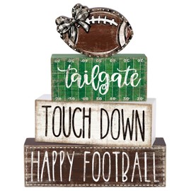 DIYDEC 4Pcs Football Table Decoration Happy Football Wooden Block Sign Fall Rugby Tiered Tray Decor Centerpiece Decorative Faux Book Stack for Holiday Tabletop Coffee Fireplace Shelf Desk Party Decor