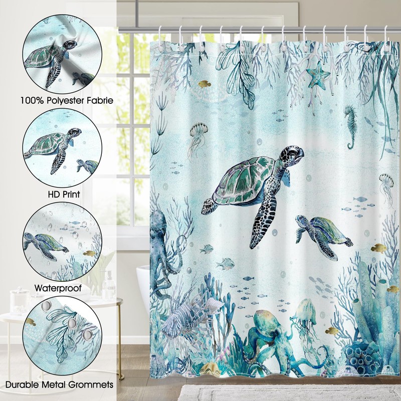 Mocsicka Sea Turtle Shower Curtain Teal Blue Ocean Beach Coastal