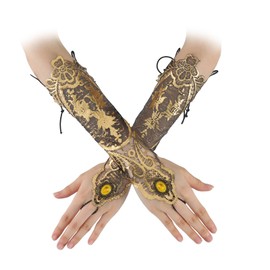 Bronzing Lace Gloves Women Steampunk Gothic Glove Vintage Floral Fingerless Glove with Ring for Wedding Tea Party Decor Cosplay Costume Accessories