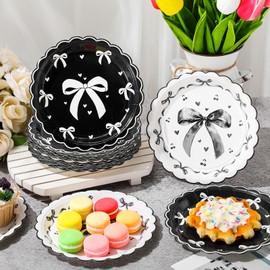 Havawish 50 Pcs Coquette Bow Party Dessert Plates 7 Inch Bow Birthday Party Decorations Bow Cherry Serving Plates Disposable Dinner Tableware for Bow Birthday Bridal Wedding Supplies, 2 Styles(Black)