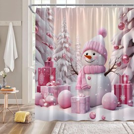 ZNLSU Christmas Snowman Shower Curtain Pink Cute Snowman Xmas Ball Gift Box Pine Tree Forest Vintage Winter Holiday Fabric Bathroom Curtain Sets with Hooks
