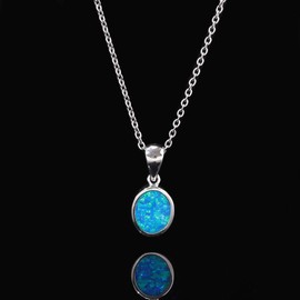 CiNily 14k White Gold Plated Brilliant Blue Opal Necklace Oval Shaped Pendant Necklace for Women Ladies Girls