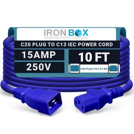 IronBox Electric C20 Plug to C13 IEC Connector Power Cord - 15A/250V, 14/3 AWG SJT - Heavy Duty Power Cable - Extension Cable - UL Listed Jumper Cord for Computer, Monitor & More (10ft, Blue)