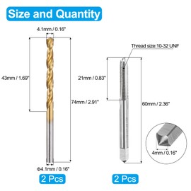 uxcell Tap and Drill Bit Set, 2pcs 10-32 UNF Straight Flute Thread Screw Taps & 2pcs 4.1mm Twist Drill Bits, Uncoated/Titanium Coated HSS-6542 Tapping Threading Tool Kit