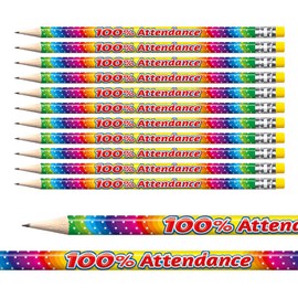 12 Rainbow Metallic 100% Attendance Award Pencils Colourful Pupil Children Rewards Motivational Pre - Sharpened Brainwaves Primary Teaching Services