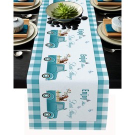 Teal Green Table Runner, 13 x 70 inch Farm Truck Carrying Dog Flower Turquoise White Buffalo Plaid Table Runner for Holiday Family Dinner, Farmhouse, Indoor or Outdoor Parties(Cotton-Polyester Blend)