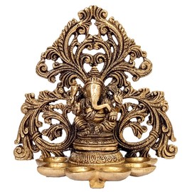Purpledip Brass Idol Ganesha with 6 Diyas Deepak (Kuthu Vilakku): Royal Design Welcome Decoration Oil Lamp Statue (12506)