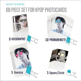 4-in-1 Kpop Photocard Sleeves Protector Starter Kit | Includes 68 Card Sleeves in 3 Sizes Standard, Oversize, Square Holographic Sleeves. Kpop Photocard Collectors Durable Protective Card Sleeves