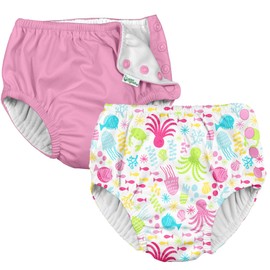 i Play (2 Pack) Girls Reusable Absorbent Baby Swim Diapers - Swimming Suit Bottom | No Other Diaper Necessary White Sea Pals and Light Pink 6 Months