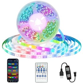 Luces LED Inteligentes Bluetooth de 5m,Tira LED RGB Multicolor Controlable por App y Mando, Sincronización de Luz LED con la Música, Regula Múltiples Efectos de Luz y Modos (5M/16.4 FT (USB))