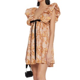 hibshaby Women's Floral Print Mini Dress V Neck Puff Sleeve Dress Short Babydoll Bow Dress M