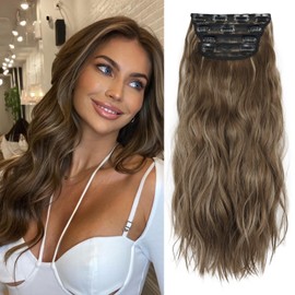 4PCS Clip in Hair Extensions Natural Soft Synthetic Hairpieces for Women Honey Blonde Mixed Chestnut Brown Extensins for Women(Honey Blonde Mixed Chestnut Brown)